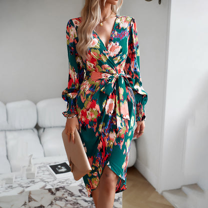 Printed Dress 2025 Autumn Winter Elegant V-neck Dress