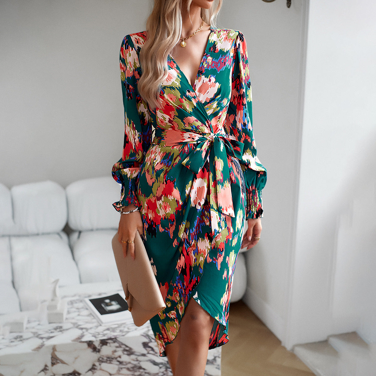 Printed Dress 2025 Autumn Winter Elegant V-neck Dress
