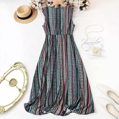 Striped Print V-neck Sleeveless Dress