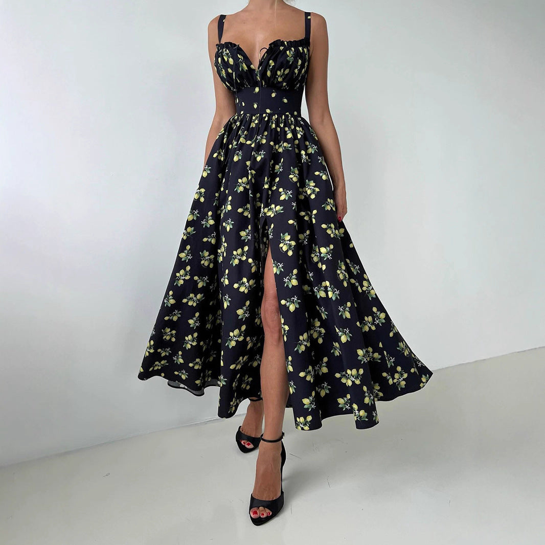 Low-collar Tie-waist High-waist Slit High-waist Printed Dress