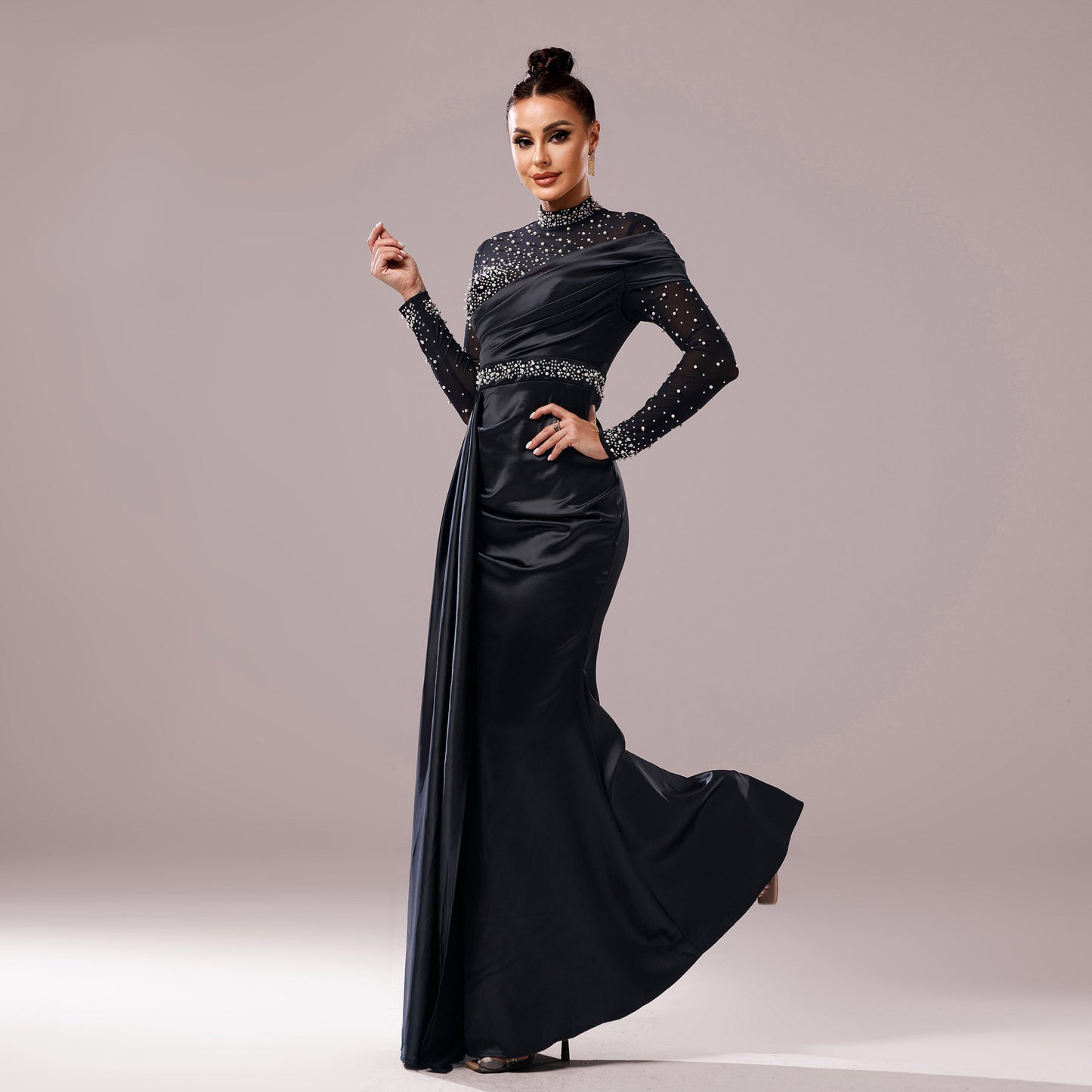 Long Sleeve Slim-fit Sheath Pearl Banquet Fishtail Evening Dress