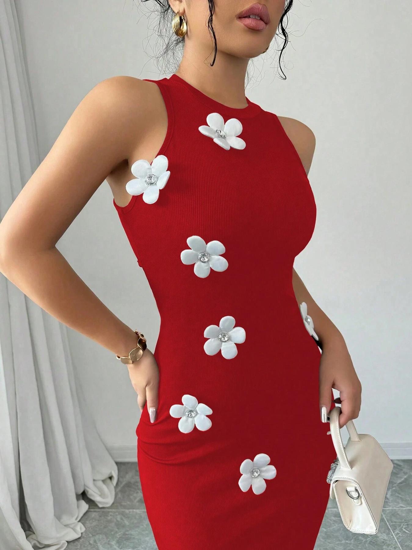 Women's Slim-fit Sleeveless Fashionable Floral Round-neck Dress