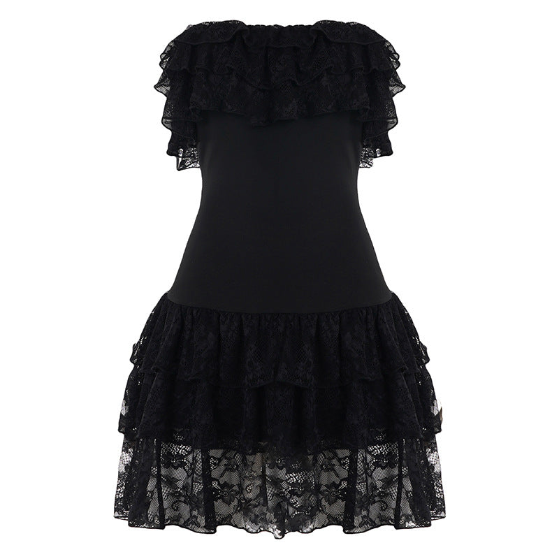 Ruffle-neck Off-shoulder Elegant Socialite Party High-waisted A-line Skirt