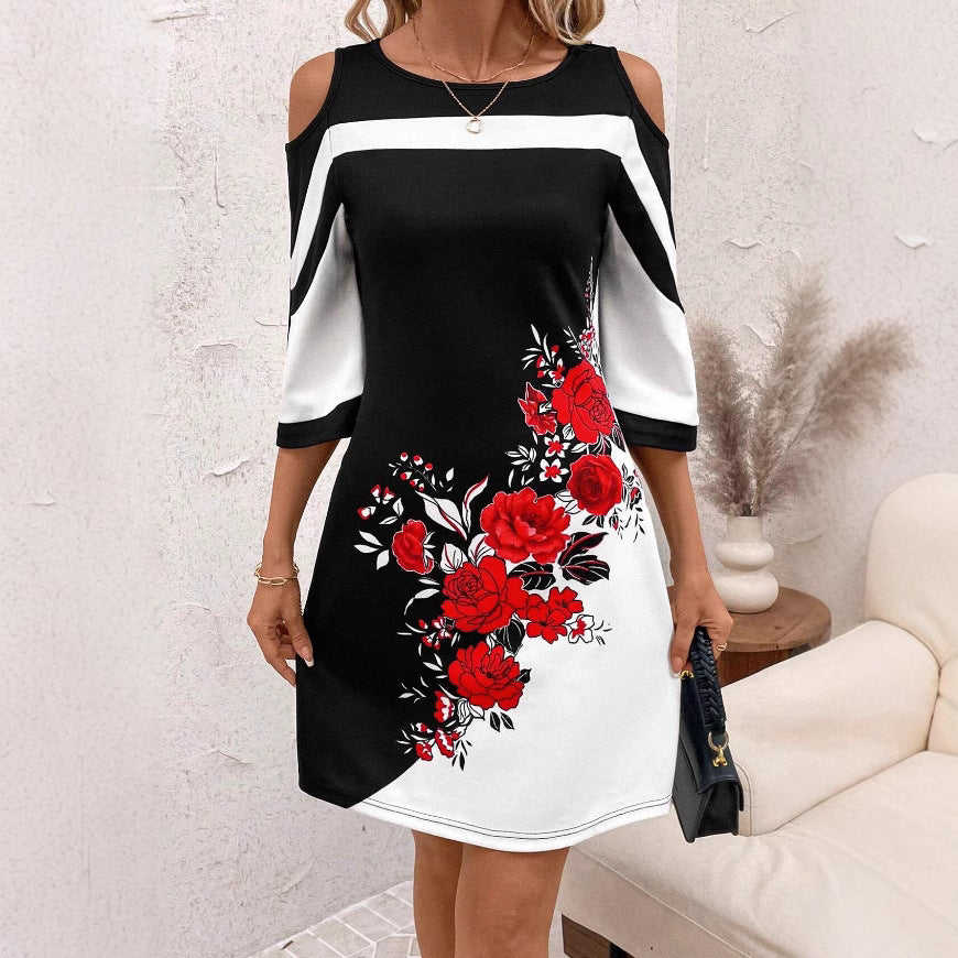 Women's Casual Fashionable Rose-Print Contrast-Color Slim-Fit Dress