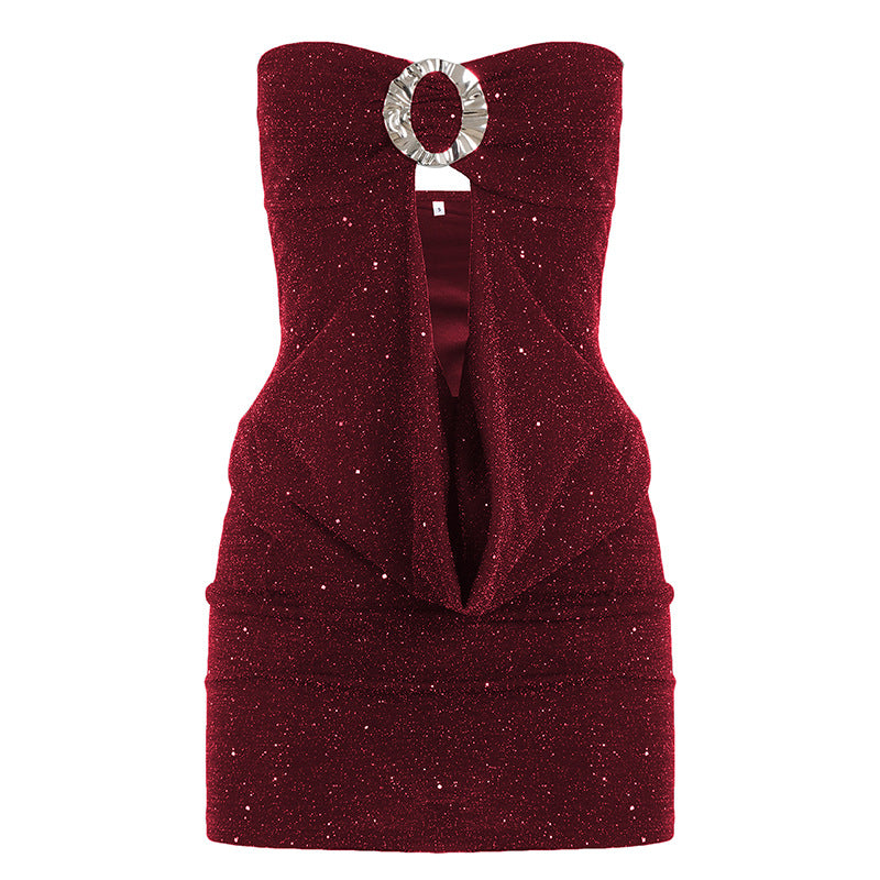 Sexy Sequined Tube Top Hollow-out Pleated Elegant Dress
