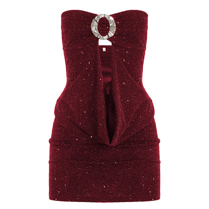 Sexy Sequined Tube Top Hollow-out Pleated Elegant Dress