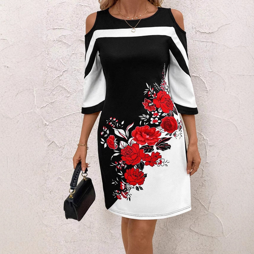 Women's Casual Fashionable Rose-Print Contrast-Color Slim-Fit Dress