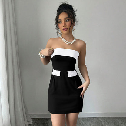 Sexy Socialite Style Dress Summer One-shoulder Bustier Color-blocked Mini Skirt