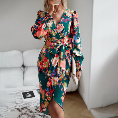 Printed Dress 2025 Autumn Winter Elegant V-neck Dress