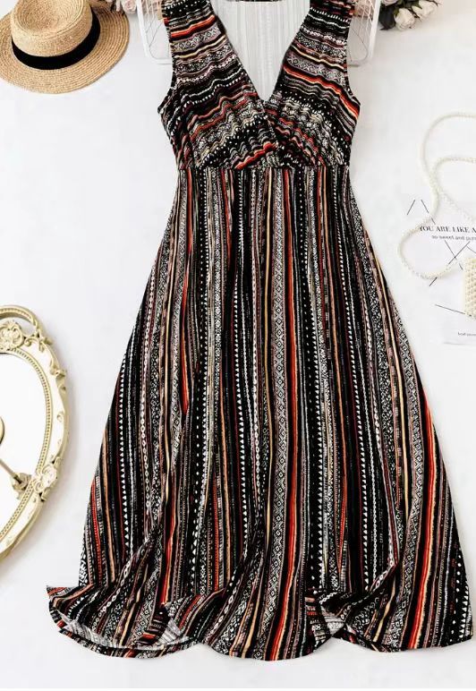 Striped Print V-neck Sleeveless Dress
