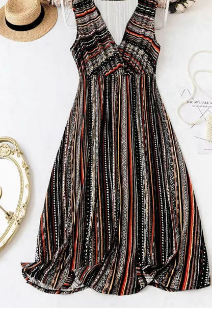Striped Print V-neck Sleeveless Dress