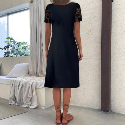 Fashionable Short-sleeve Square-neck Dress With Lace Trim