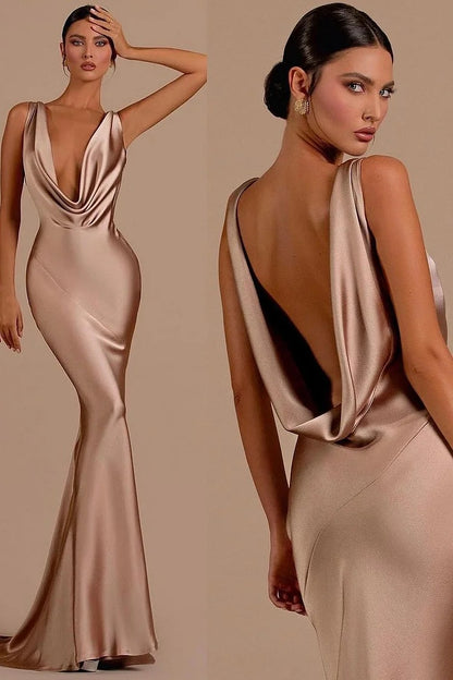 Mermaid Dress Deep V Neck Satin Dress Long Formal Evening Gowns For Women