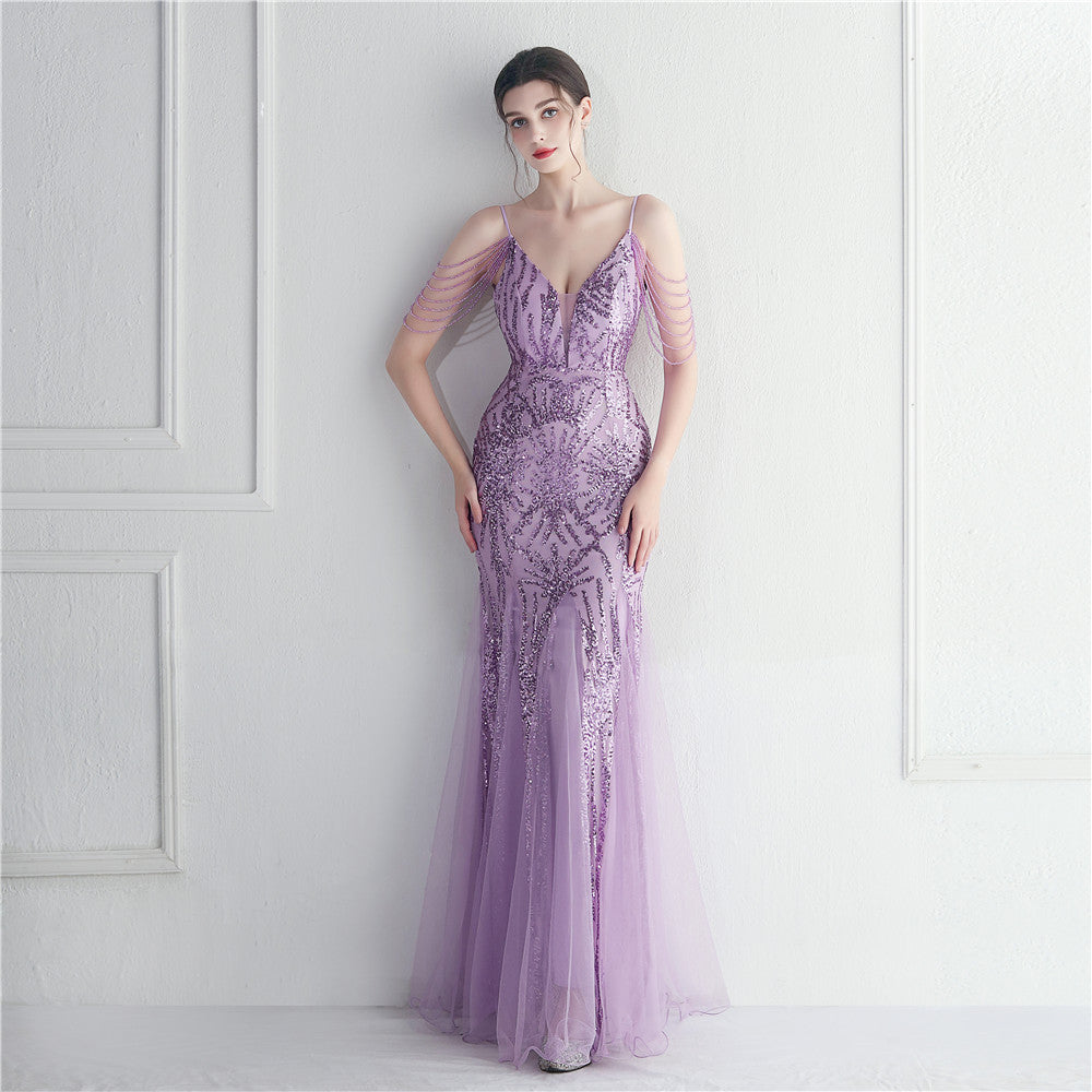Mesh Beaded Dinner Long Camisole Evening Gown