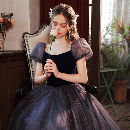 Blue Bubble Sleeve Dress Banquet Evening Dress Toast Dress