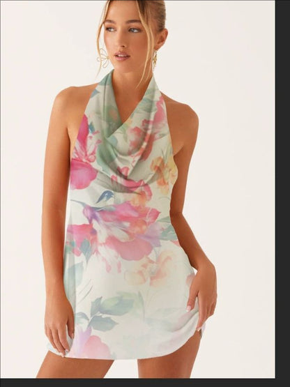 New Swing Collar Single Shoulder Crossbody Sexy Printed Dress