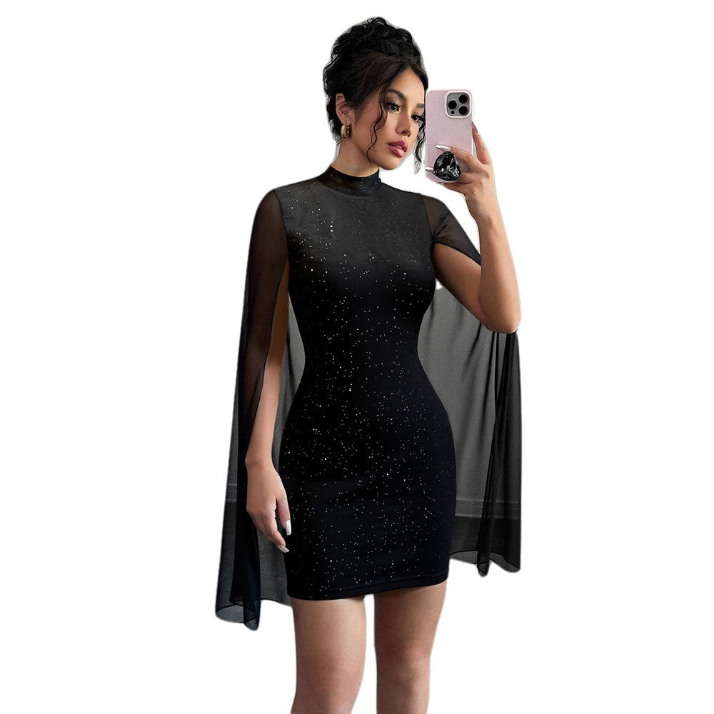 Stylish High-neck Dress Black Featuring Sparkling Rhinestones And Sequins Figure-hugging Fit Short Sleeves Mesh Patchwork