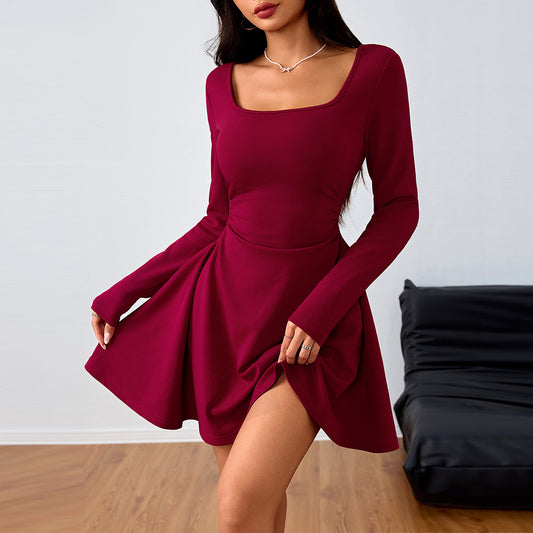 Elegant Square-neck Dress With A High-waisted Designer-style Wine-red Hue