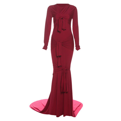 Sexy Figure-hugging Sheer Long-sleeve Solid-color Elegant Gown Dress