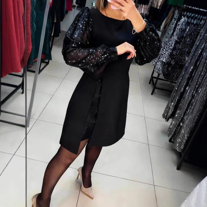 Women's Elegant Patchwork Sequin Puff Sleeve Short Dress