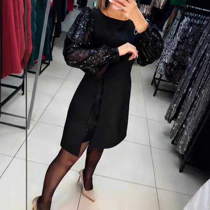 Women's Elegant Patchwork Sequin Puff Sleeve Short Dress