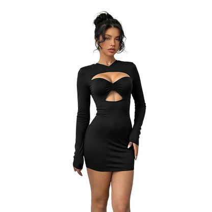 Sexy Sheer Long Sleeve Bodycon Solid Color Y2K Party Dress