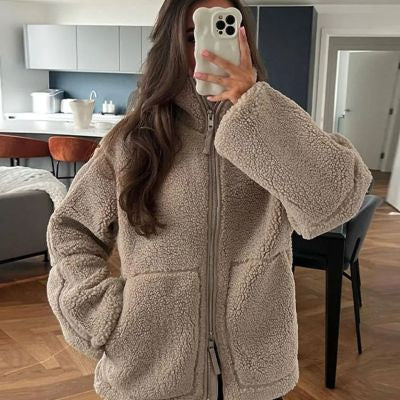 Winter Lapel Zip-up Coat With Pockets Casual Fashion Solid Fleece Jacket Fall Spring Long Sleeve Women's Clothing