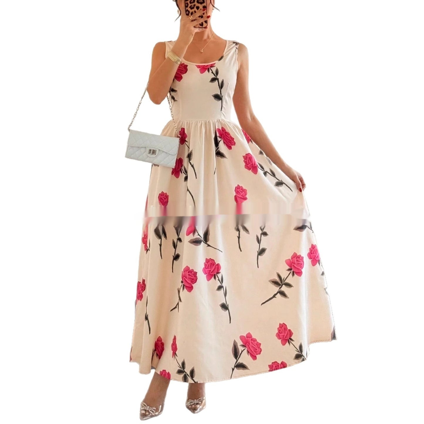 Women's Floral Print Square-Neck Sleeveless Elegant Dress