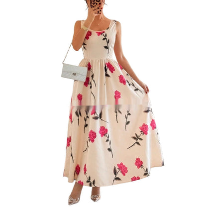 Women's Floral Print Square-Neck Sleeveless Elegant Dress