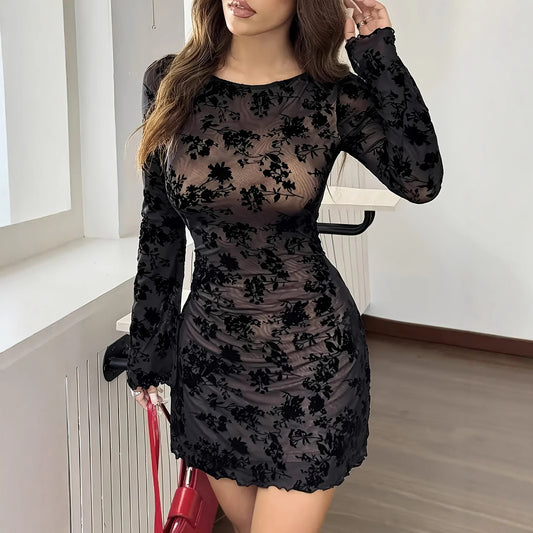 Women's Solid-Color Elegant Round-Neck Long-Sleeve Mesh-Patchwork Sheath Dress