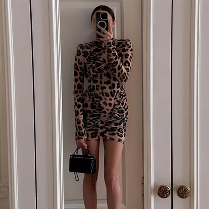 High-neck Leopard Print Tight Backless Bodycon Dress