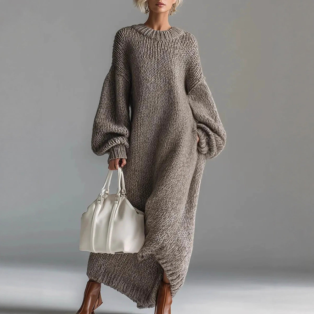 Crew-neck Loose-fit Lantern-sleeve Long Knit Sweater Dress