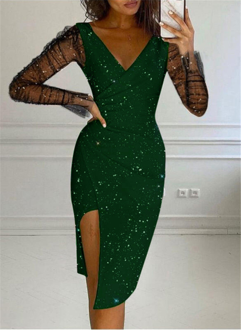 Hot-stone-embellished V-neck Sheath Mesh Dress For Women