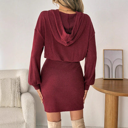 Women's Solid-Color Loose-Fit Hooded Long-Sleeve Casual Dress