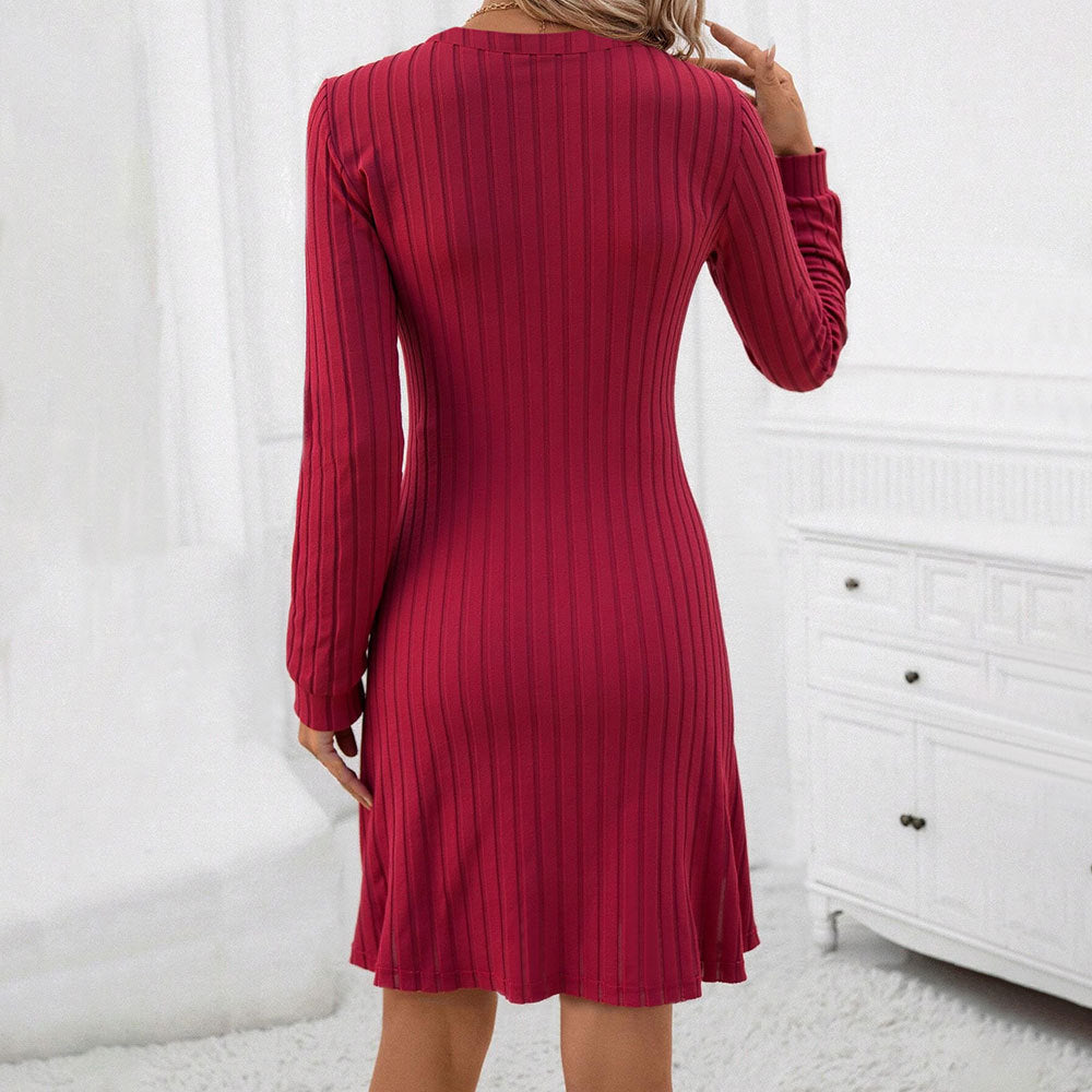 Commuting Style Burgundy High-waisted Slim-fit Midi Dress