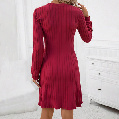 Commuting Style Burgundy High-waisted Slim-fit Midi Dress