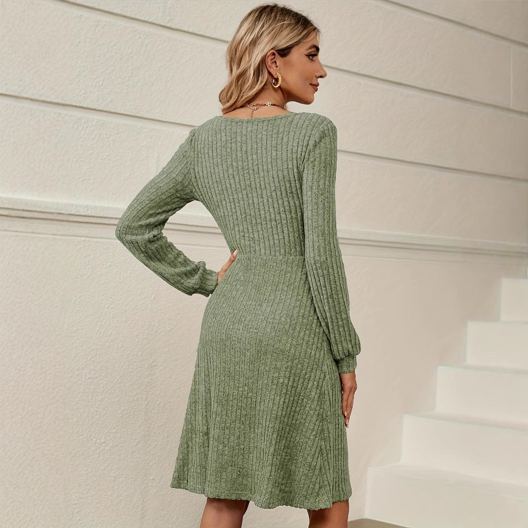 Women's Casual Fashion Loose Solid-Color Ribbed Long-Sleeve Dress