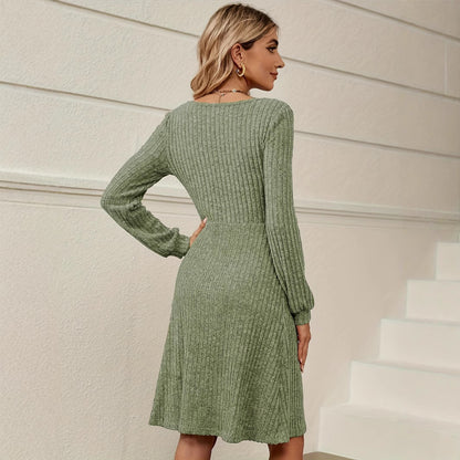 Women's Casual Fashion Loose Solid-Color Ribbed Long-Sleeve Dress