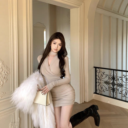 Pure Desire Sexy Lace-up Design Cross V-neck Long Sleeve Dress Women